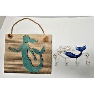 Mermaid Wall Decor Lot of 2 – Cast Iron Hook Rack & Rustic Wood Hanging Beach